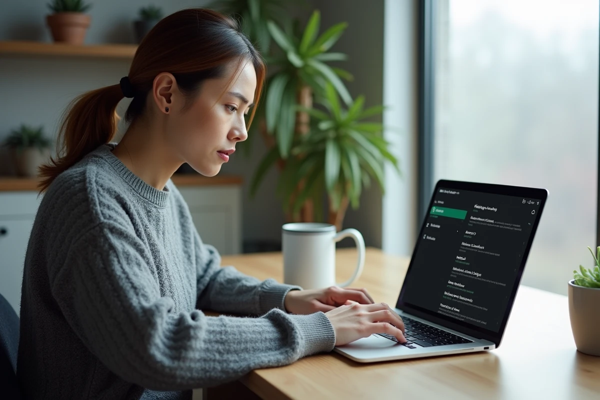 Femme utilisant un MacBook Pro pour nettoyer le cache système après une infection malware dans un bureau à domicile