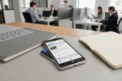 Nokia Lumia 930 posé sur un bureau professionnel moderne avec clavier sans fil et carnet de notes, écran affichant une interface email