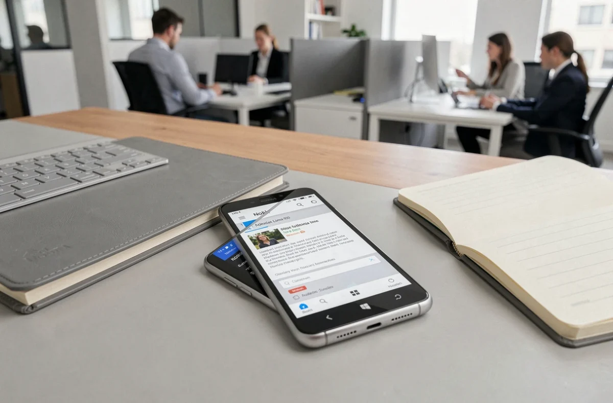 Nokia Lumia 930 posé sur un bureau professionnel moderne avec clavier sans fil et carnet de notes, écran affichant une interface email