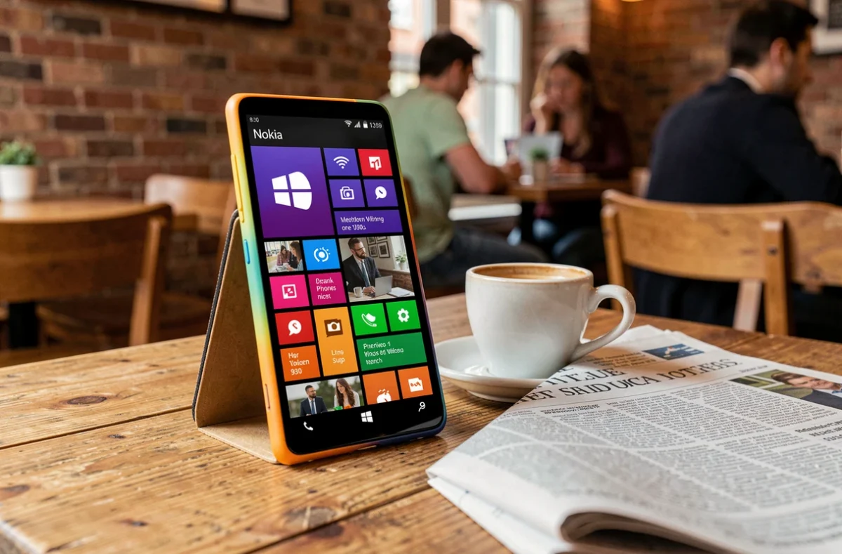 Nokia Lumia 930 posé sur une table de café en bois avec une tasse d'espresso et un journal économique, ambiance travail nomade