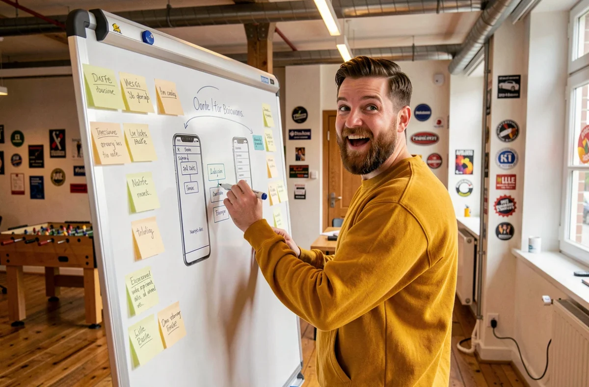Développeur de Nutshell Lab à Lille dessinant l'architecture d'une application mobile sur un grand tableau blanc dans un studio de startup