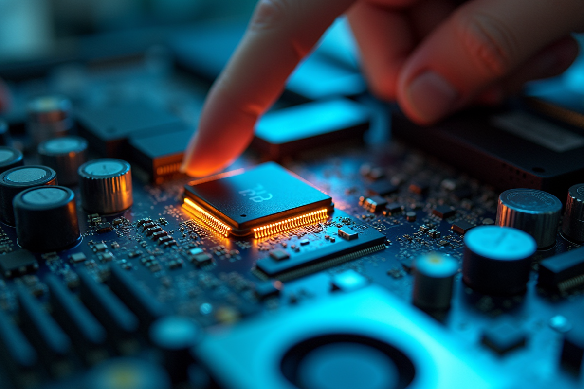 Ordinateur ouvert avec circuit et microchips mis en valeur