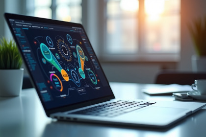 Ordinateur portable affichant un diagramme HTTP coloré sur un bureau lumineux