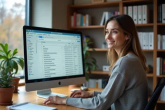 Femme universitaire organisant ses dossiers et filtres de messagerie webmail sur un ordinateur de bureau dans un bureau académique moderne