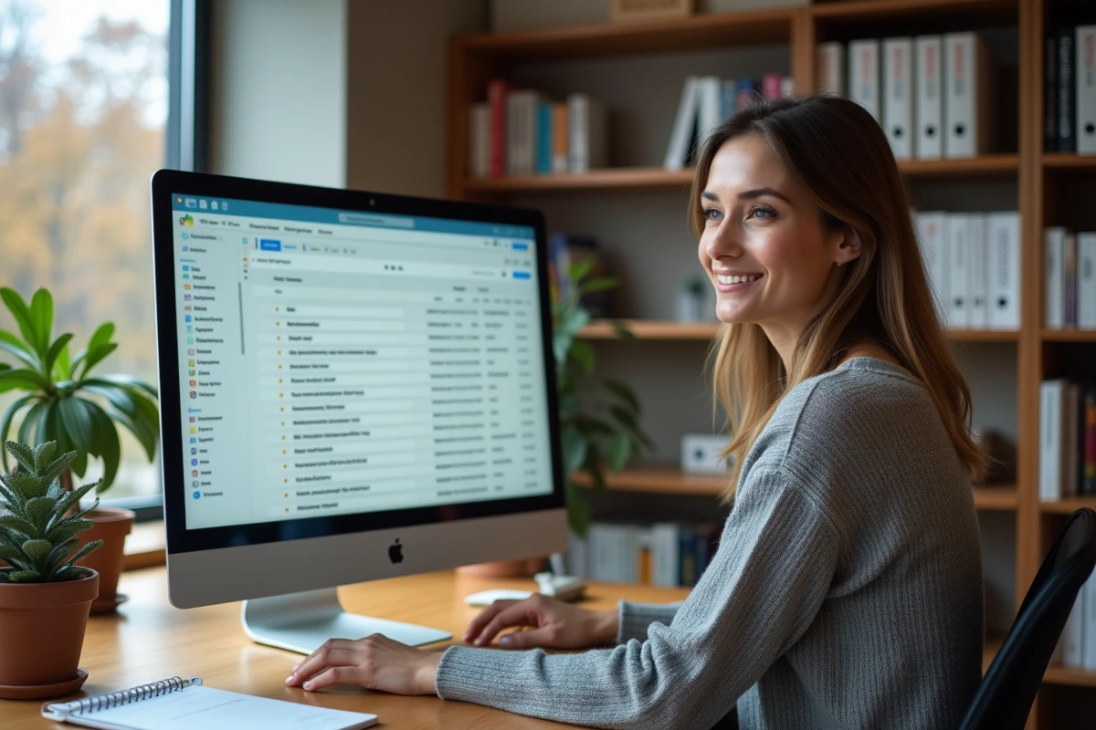 Femme universitaire organisant ses dossiers et filtres de messagerie webmail sur un ordinateur de bureau dans un bureau académique moderne