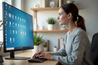 Femme organisant des icônes sur le bureau d'un ordinateur Windows dans un bureau à domicile moderne