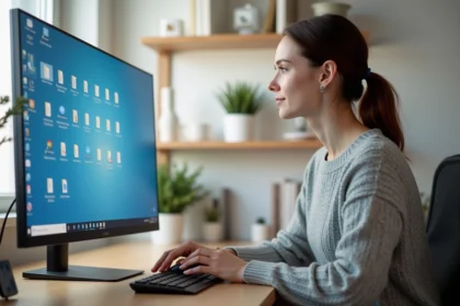 Femme organisant des icônes sur le bureau d'un ordinateur Windows dans un bureau à domicile moderne