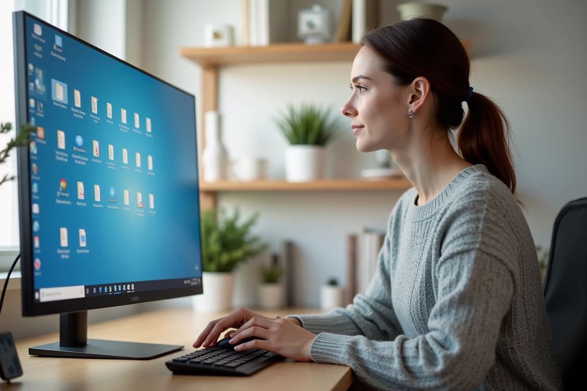 Femme organisant des icônes sur le bureau d'un ordinateur Windows dans un bureau à domicile moderne