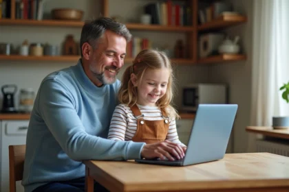 Père et fille souriants regardant l'écran d'ordinateur
