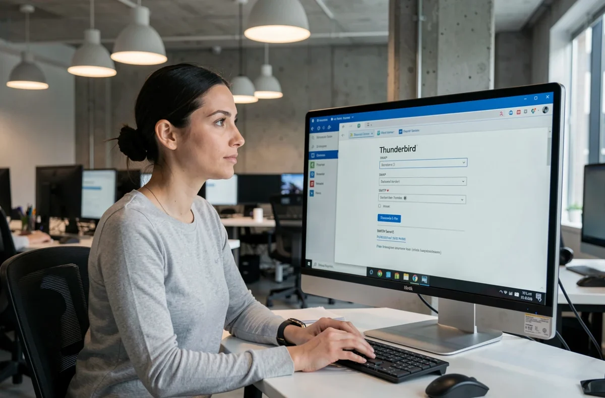 Femme paramétrant un compte Webmail sur Thunderbird dans un bureau open space moderne