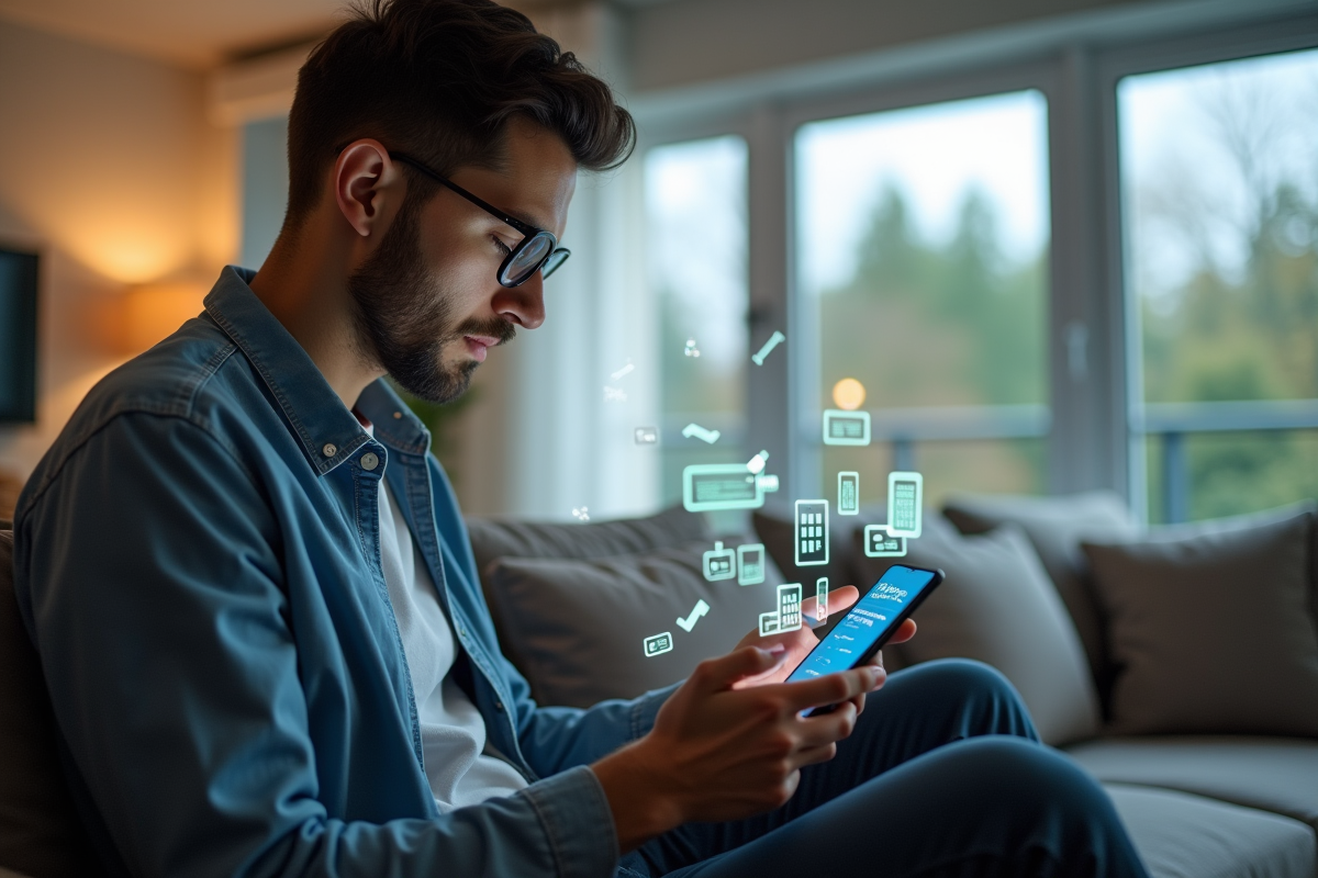 Personne utilisant son téléphone dans un salon lumineux avec des publicités flottantes