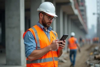 Responsable de chantier utilisant une solution de pointage mobile sur smartphone en environnement de construction