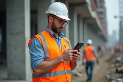 Responsable de chantier utilisant une solution de pointage mobile sur smartphone en environnement de construction