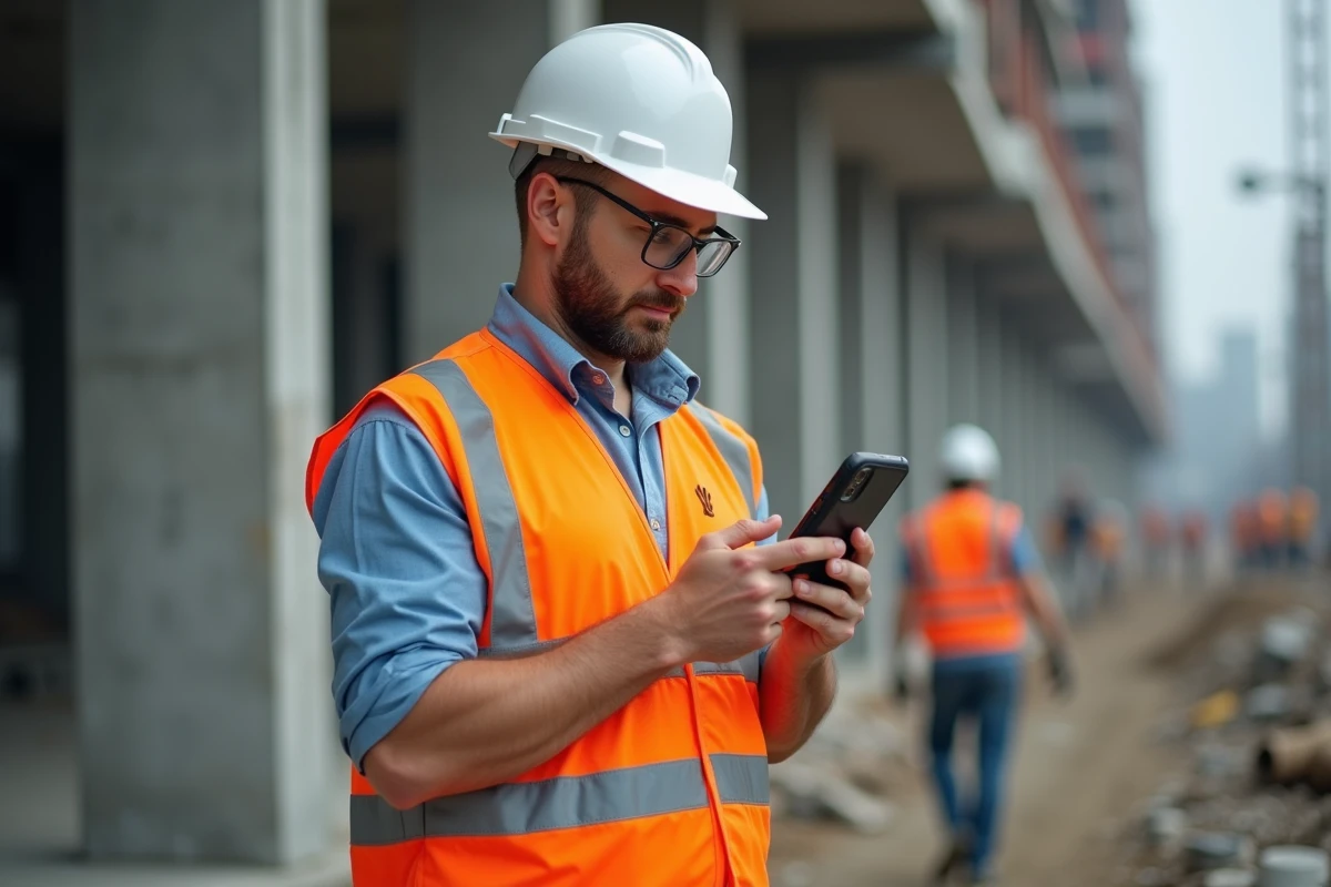 Responsable de chantier utilisant une solution de pointage mobile sur smartphone en environnement de construction