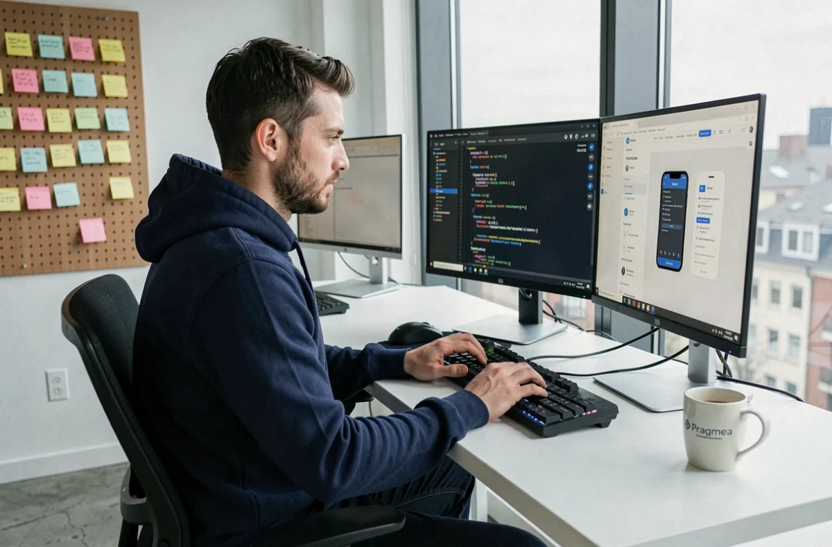 Développeur de l'agence Pragmea à Lille concentré sur son code d'application mobile devant plusieurs écrans dans un bureau moderne