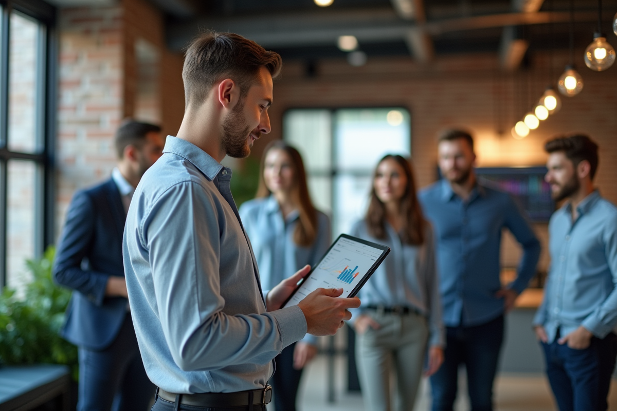 Jeune professionnel présentant des résultats marketing en équipe