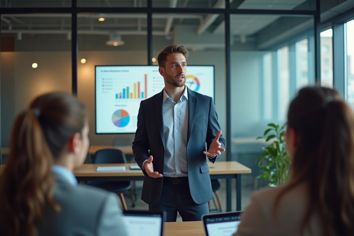 Jeune professionnel présentant des outils digitaux en coworking