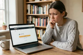 Femme frustrée devant un message d'erreur de connexion Amazon Photos sur son ordinateur portable