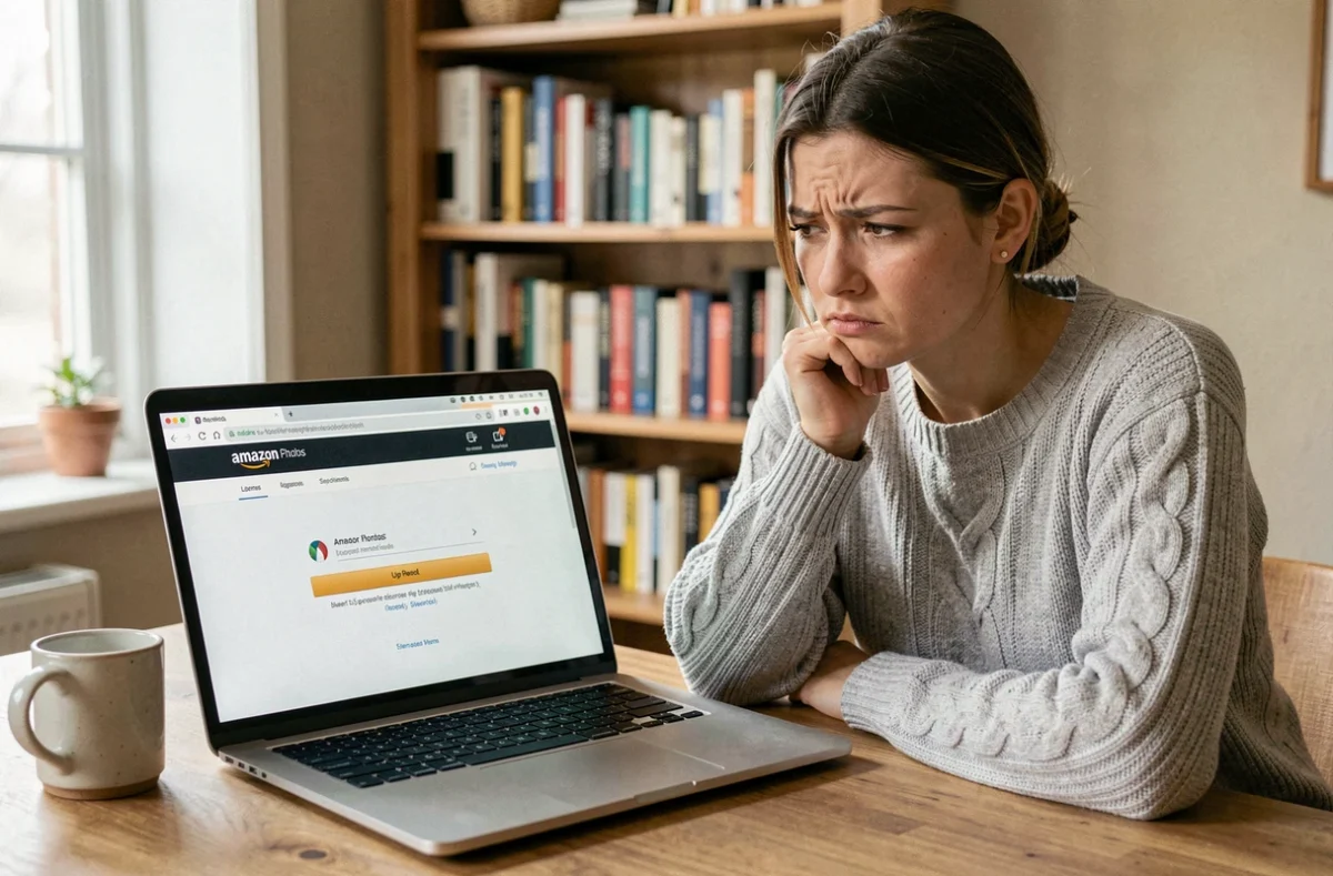 Femme frustrée devant un message d'erreur de connexion Amazon Photos sur son ordinateur portable