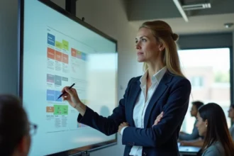 Professeure d'informatique expliquant la définition d'une interface graphique utilisateur (GUI) à des étudiants devant un tableau interactif en salle de cours
