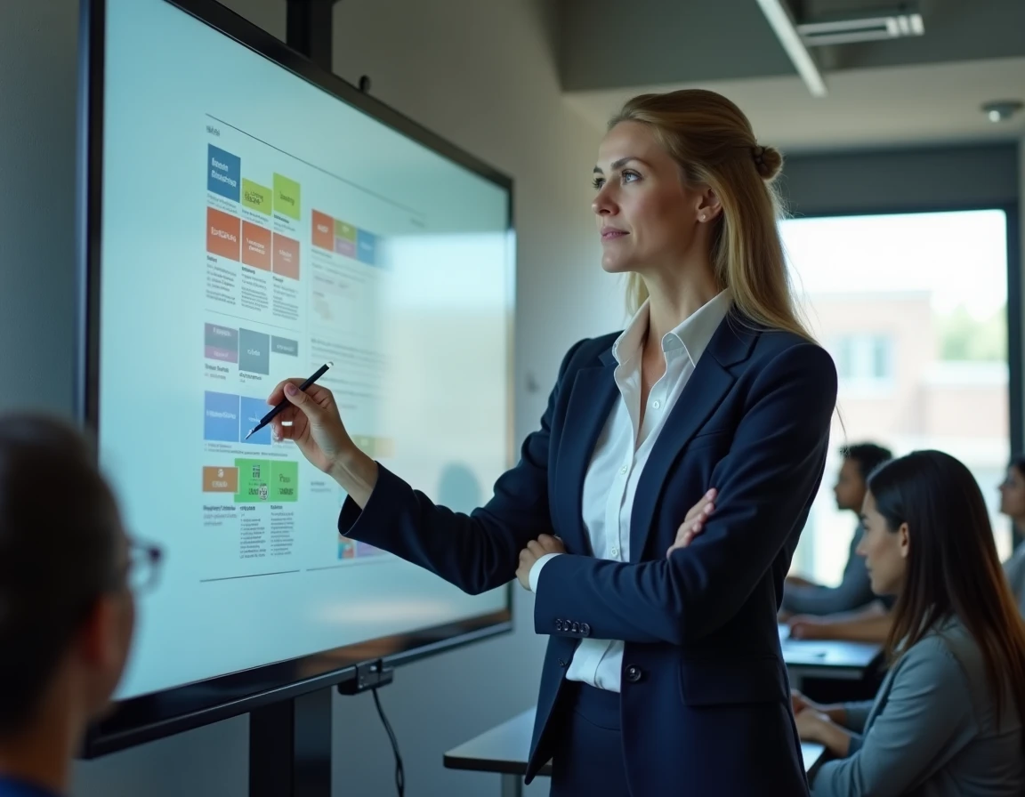 Professeure d'informatique expliquant la définition d'une interface graphique utilisateur (GUI) à des étudiants devant un tableau interactif en salle de cours