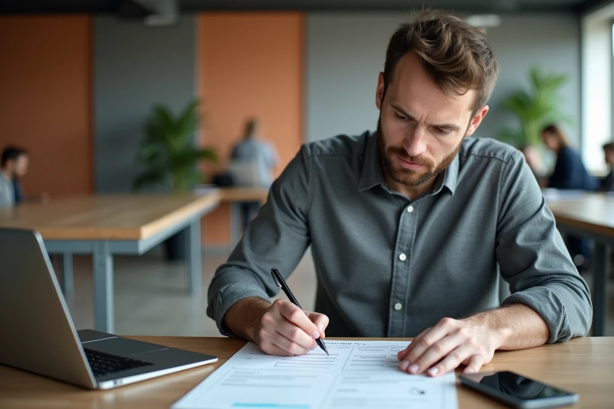 Professionnel annotant un plan de déploiement sur papier devant un tableau de bord numérique