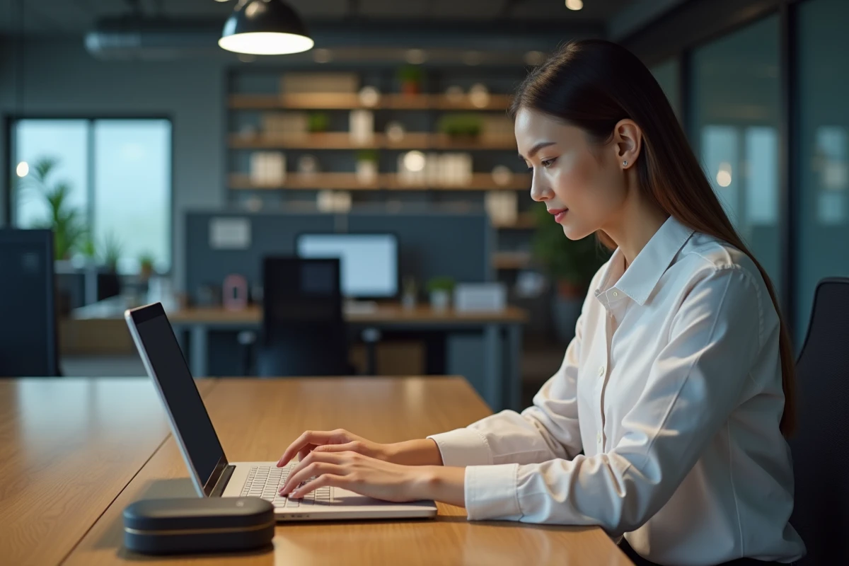 Jeune femme IT configure un appareil edge en bureau moderne