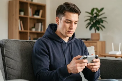 Homme jouant sur un PS Portal en streaming Wi-Fi dans un salon moderne