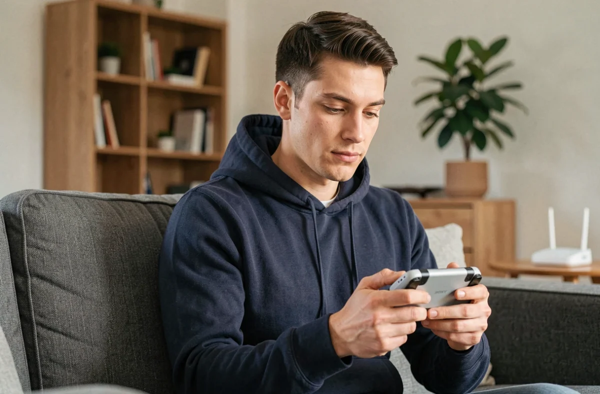 Homme jouant sur un PS Portal en streaming Wi-Fi dans un salon moderne