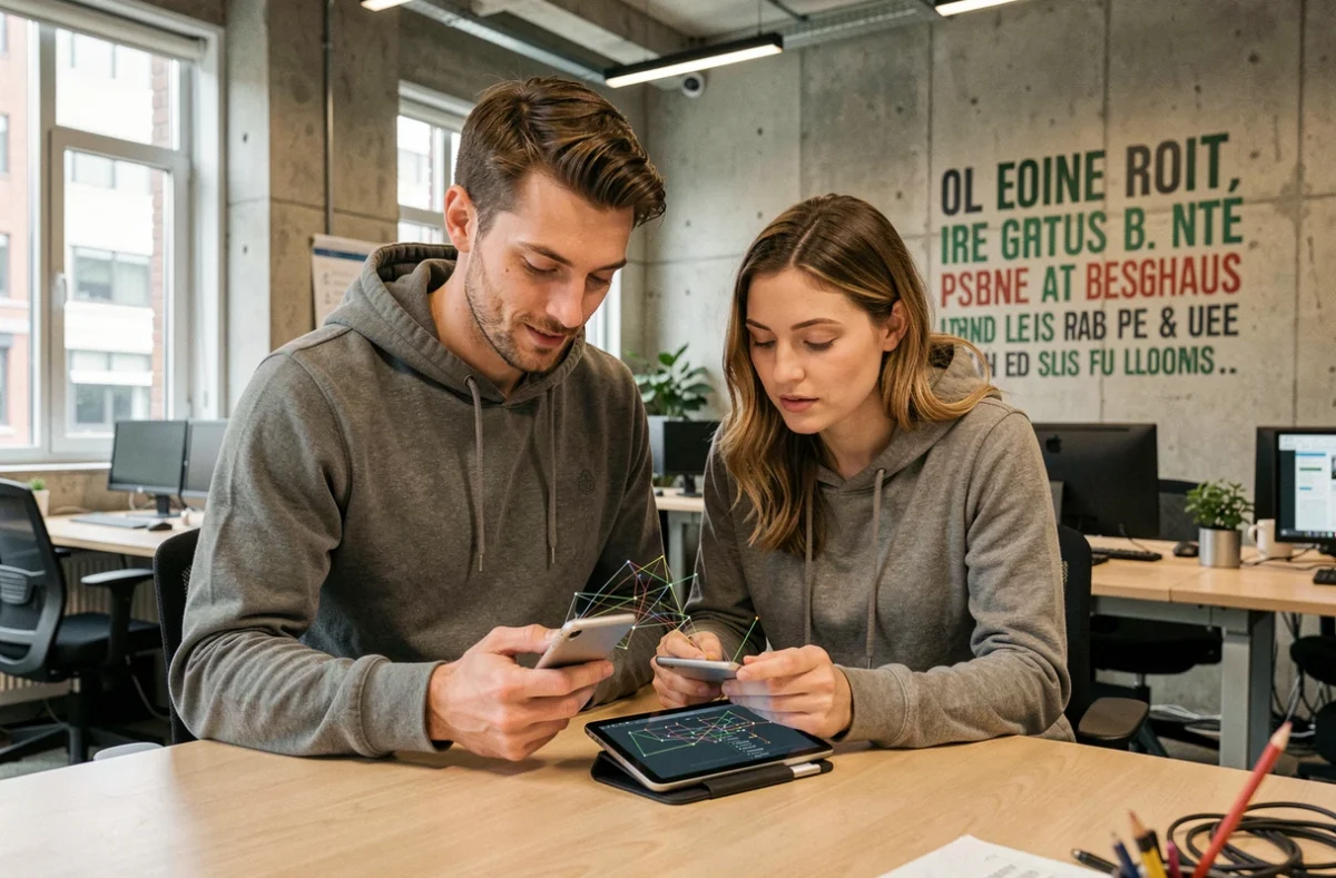 Deux professionnels de QG Numérique collaborant sur une carte d'infrastructure réseau dans un espace numérique moderne de l'Eure