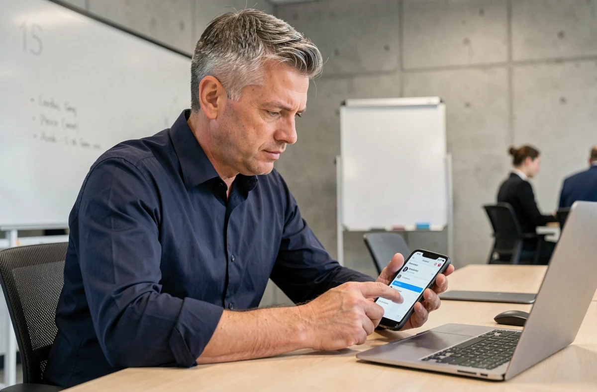 Homme utilisant un smartphone Android pour désactiver la navigation privée dans un bureau moderne