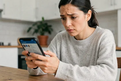 Femme tenant un iPhone et naviguant dans les paramètres de navigation privée dans une cuisine moderne