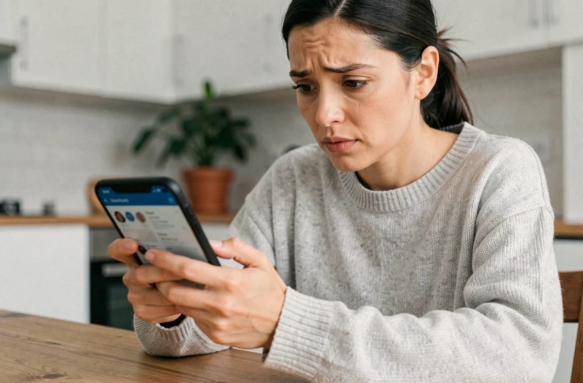 Femme tenant un iPhone et naviguant dans les paramètres de navigation privée dans une cuisine moderne