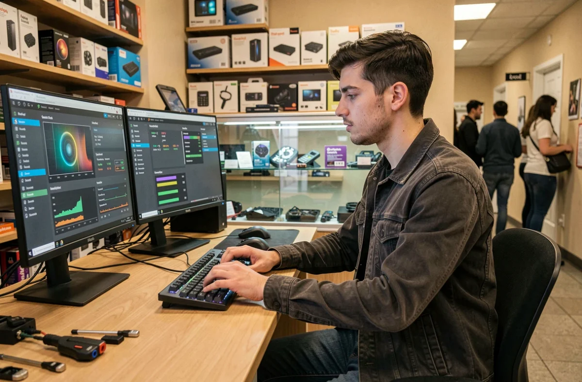 Technicien de Rapid'Micro effectuant un diagnostic rapide sur un ordinateur dans une boutique informatique de l'Eure
