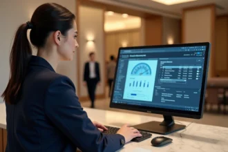 Réceptionniste d'hôtel utilisant un logiciel de gestion hôtelière sur un écran tactile à la réception