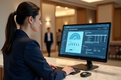 Réceptionniste d'hôtel utilisant un logiciel de gestion hôtelière sur un écran tactile à la réception