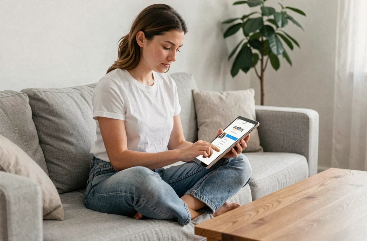 Jeune femme sur un canapé consultant la page de récupération de compte Amazon Photos sur une tablette