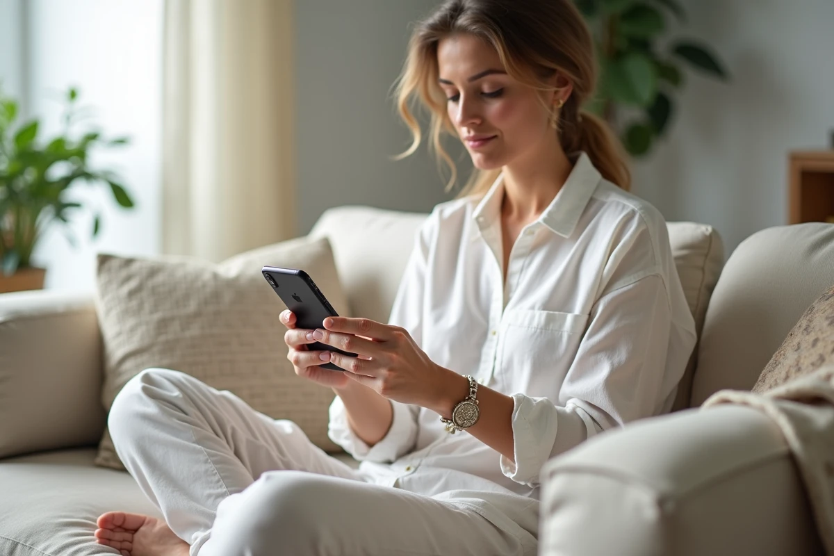 Femme récupérant des photos supprimées sur iPhone via iCloud sans utiliser d'ordinateur