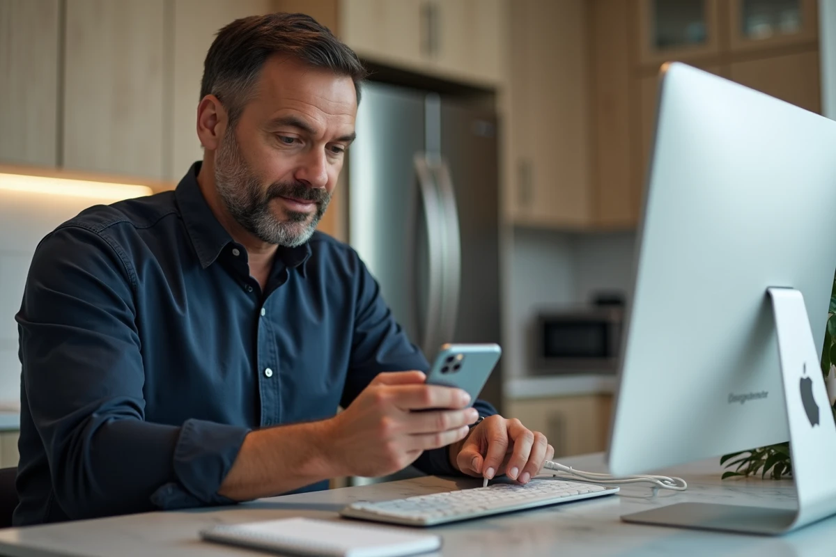 Homme connectant un iPhone à un Mac avec un câble USB pour récupérer des SMS après une mise à jour iOS échouée