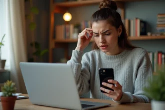 Femme frustrée tenant un iPhone avec écran d'erreur iOS après une mise à jour ratée, devant un laptop ouvert sur iTunes