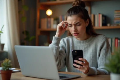 Femme frustrée tenant un iPhone avec écran d'erreur iOS après une mise à jour ratée, devant un laptop ouvert sur iTunes