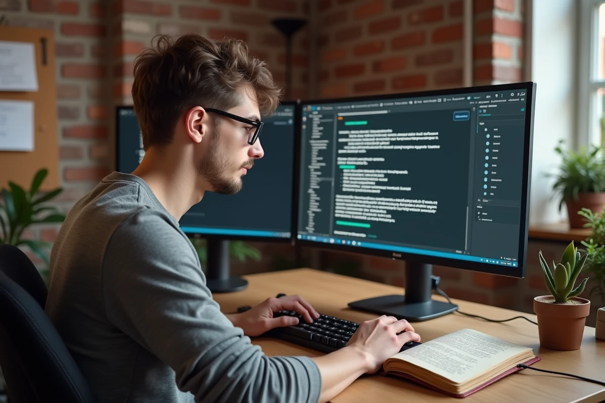 Rédacteur indépendant travaillant sur un calculateur de mots et de signes dans un bureau à domicile moderne