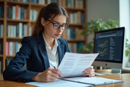 Rédactrice professionnelle analysant un document avec annotations de nombre de mots dans un bureau éditorial moderne
