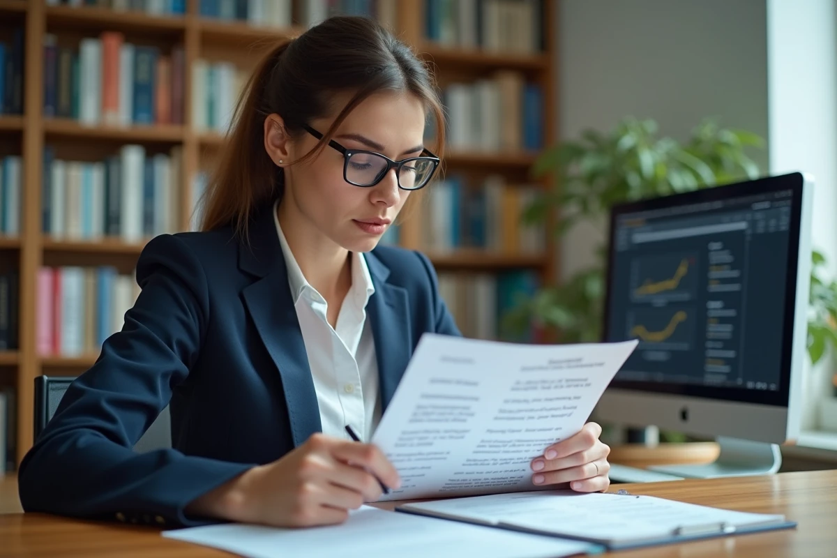Rédactrice professionnelle analysant un document avec annotations de nombre de mots dans un bureau éditorial moderne