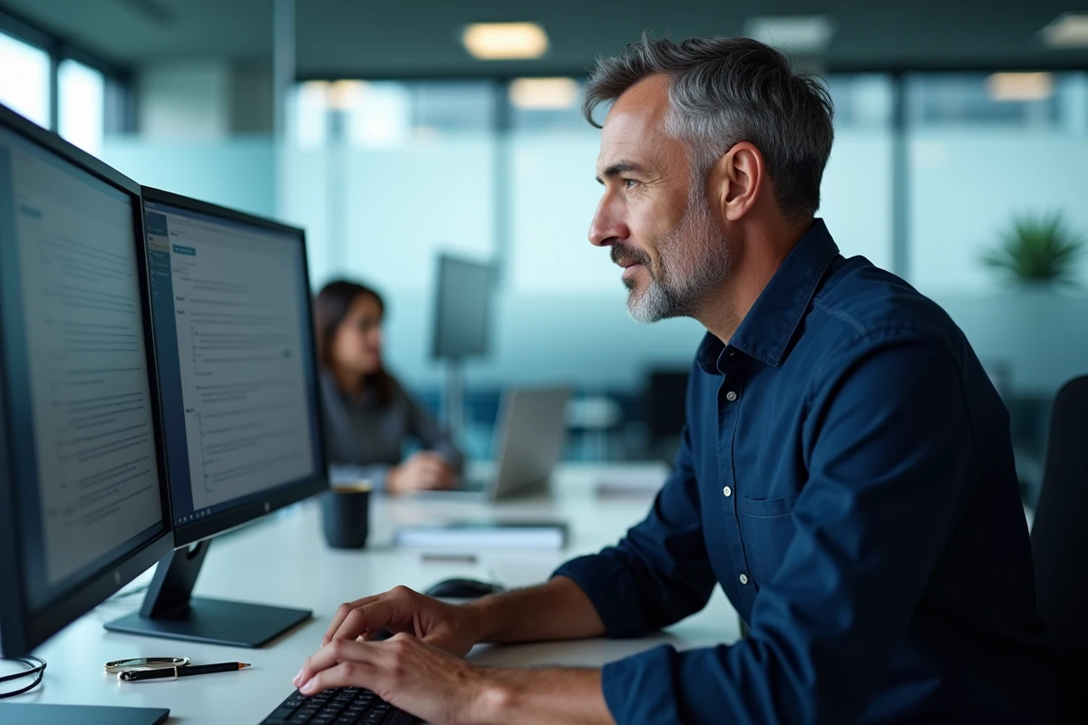 Homme renommant un raccourci sur le bureau d'un PC dans un environnement de bureau professionnel
