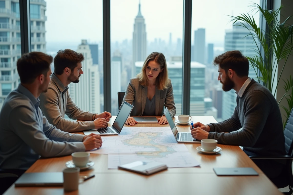 Équipe de professionnels en réunion de planification stratégique autour d'une table de conférence