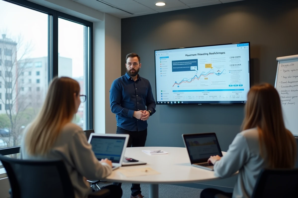 Réunion en PME pour la mise en œuvre d'un intranet avec présentation du calendrier de déploiement