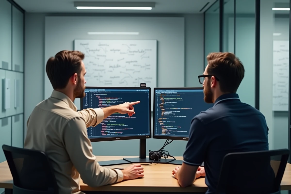 Deux développeurs en revue de code Python analysant des erreurs et la documentation FastAPI sur double écran