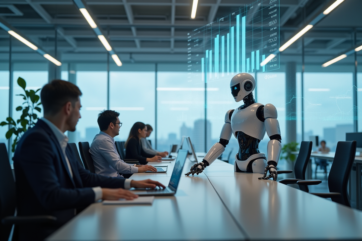 Robot humanoide aidant une equipe dans un bureau hightech