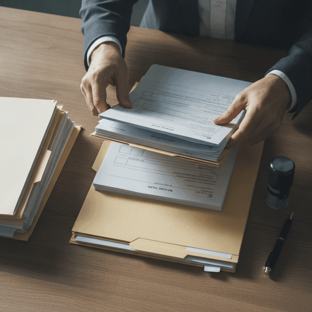 Professionnel automobile organisant documents administratifs de dossiers véhicules d'occasion